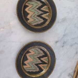 Set Of 2 Vintage Solid Brass Coasters w/ Painted Design- Made In India